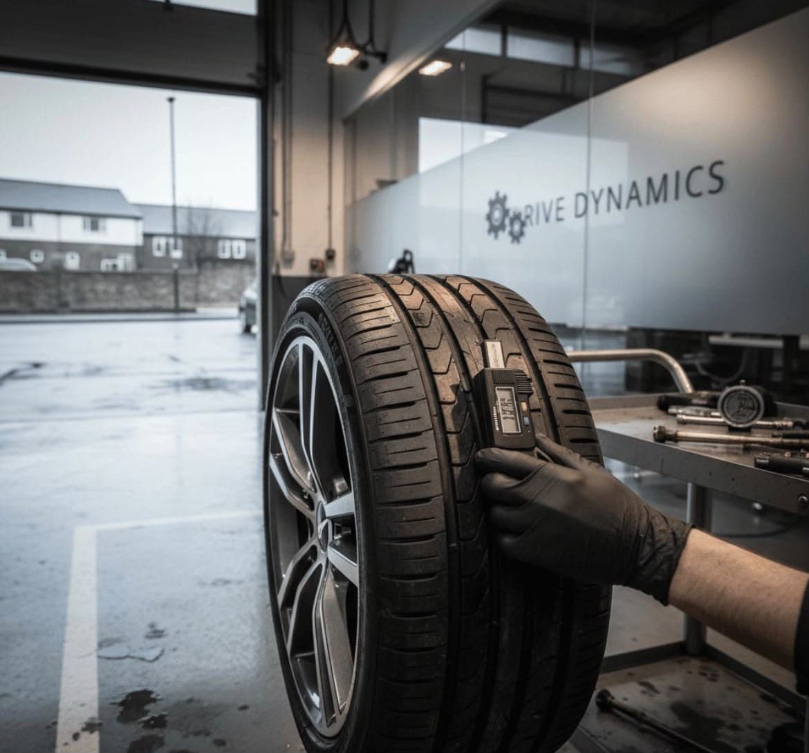 Technician checking a tyre in the workshop