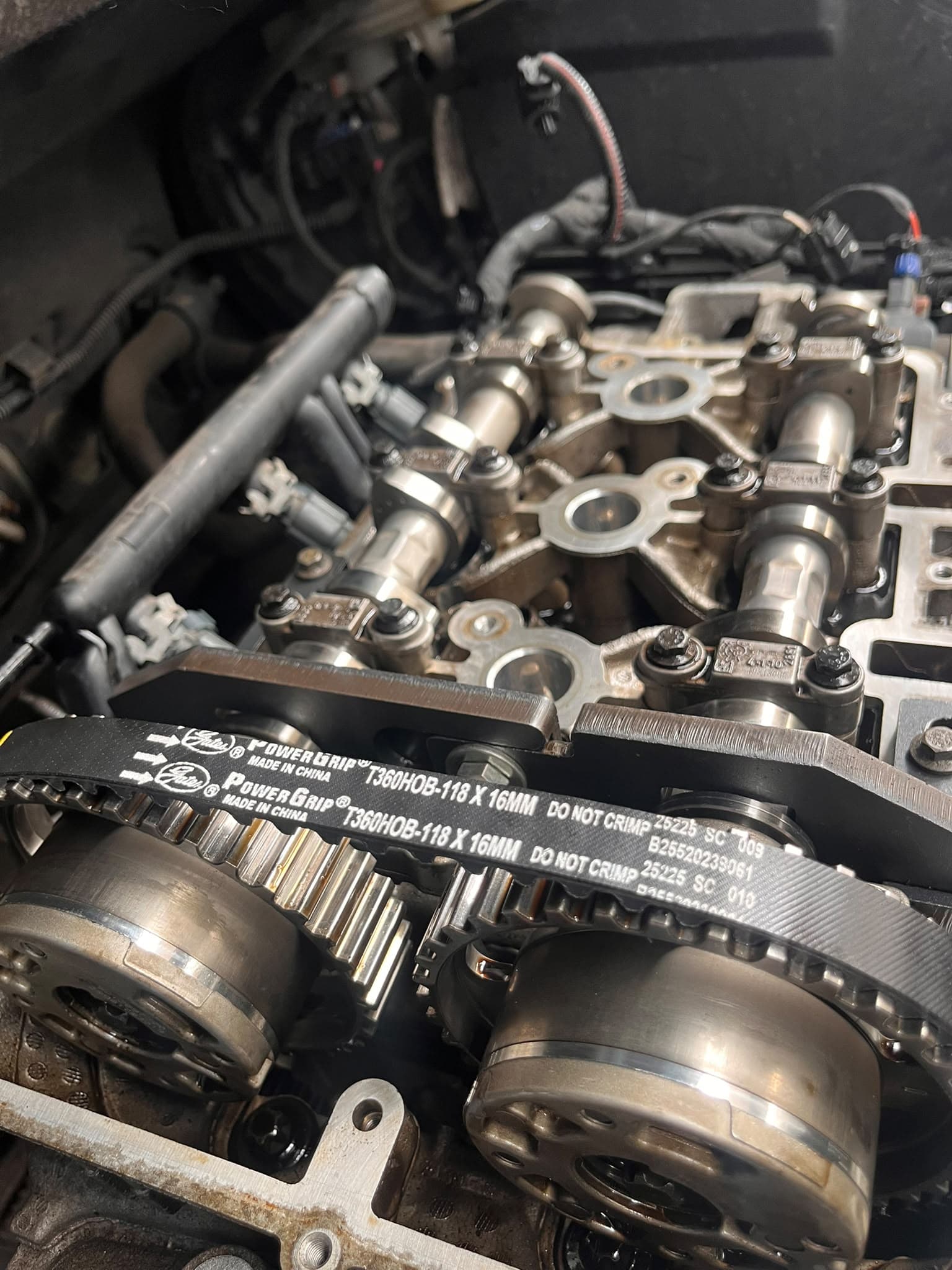 Camshafts and timing belt on an engine in for a wet belt change
